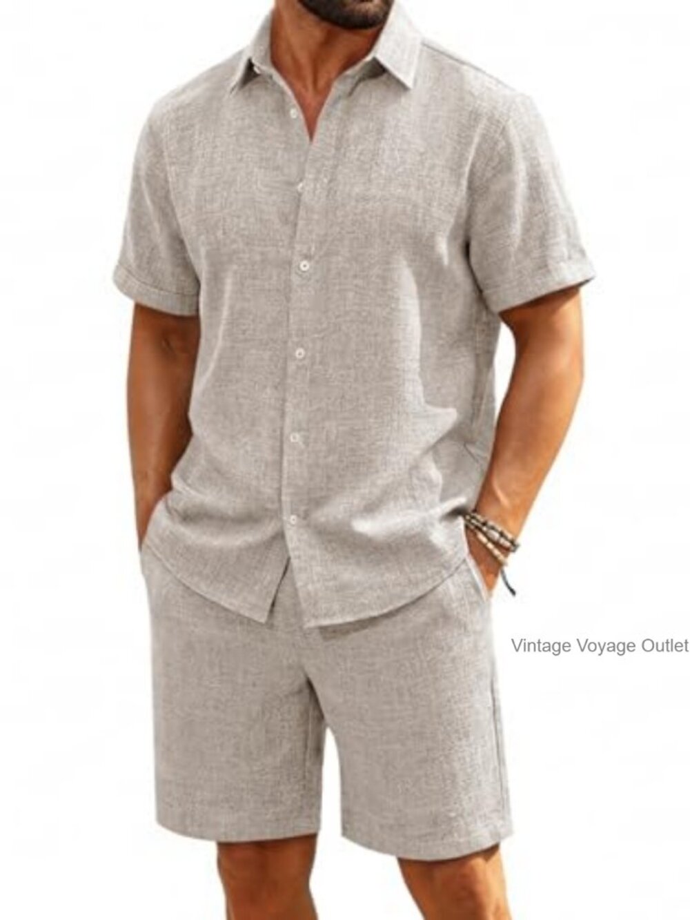Mens Linen 2 Piece Set Short Sleeve Button Down Shirt with Shorts